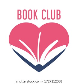 Colorful logo for book club vector isolated. Read books together. Simple style, flat design of logotype. Education concept. Heart shape, book lovers.
