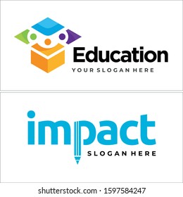 Colorful logo with box hat a describe three people face smile and pencil combination letter line art vector suitable for education kids kindergarten training school student