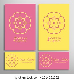 Colorful logo design, bright geometric element, stylized floral symbol. Business cards set. Decorative doodle art, isolated icon, label, emblem. Tribal ethnic decoration