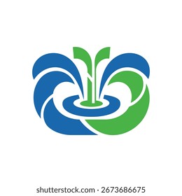 Colorful logo design featuring stylized water fountain with waves, green and blue colors.