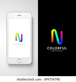 Colorful logo design. Preview on a smartphone. Letter "N". Eps10 vector illustration.