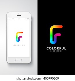 Colorful logo design. Preview on a smartphone. Letter "F". Eps10 vector illustration.