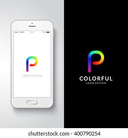 Colorful logo design. Preview on a smartphone. Letter "P". Eps10 vector illustration.
