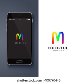 Colorful logo design. Preview on a smartphone. Letter "M". Eps10 vector illustration.