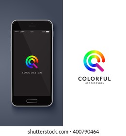 Colorful logo design. Preview on a smartphone. Letter "Q". Eps10 vector illustration.