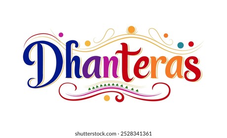 Un logotipo colorido para Dhanteras que muestra la palabra Dhanteras en una fuente decorativa degradada Rodeando el texto hay vibrantes remolinos y flores que encarnan el espíritu festivo de la celebración