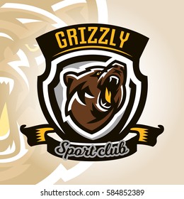 Colorful logo, emblem, growling bear, grizzly, evil predator ready to attack. Sports style, vector illustration, printing on T-shirts 