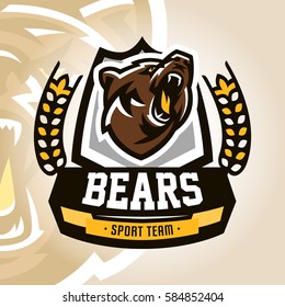 Colorful logo, emblem, growling bear, grizzly, evil predator ready to attack. Sports style, vector illustration, printing on T-shirts 