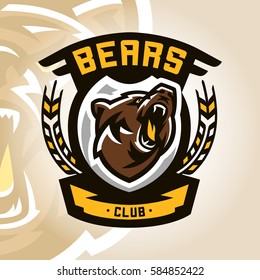 Colorful logo, emblem, growling bear, grizzly, evil predator ready to attack. Sports style, vector illustration, printing on T-shirts 