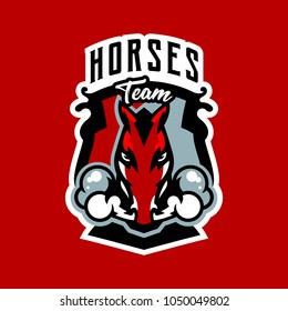 Colorful logo, emblem, horse sticker emitting steam from nostrils. Red stallion, fast animal, racing, shield, lettering. Vector illustration