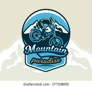 Colorful logo, emblem, label, club riders perform tricks on a mountain bike on a background of mountains, isolated vector illustration. Club downhill, freeride. Print on T-shirts.