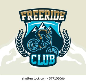 Colorful logo, emblem, label, club riders perform tricks on a mountain bike on a background of mountains, isolated vector illustration. Club downhill, freeride. Print on T-shirts.
