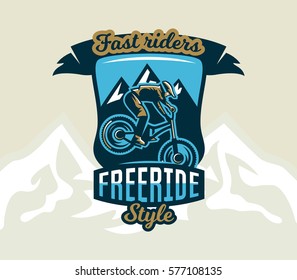 Colorful logo, emblem, label, club riders perform tricks on a mountain bike on a background of mountains, isolated vector illustration. Club downhill, freeride. Print on T-shirts.