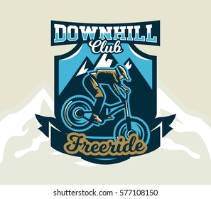 Colorful logo, emblem, label, club riders perform tricks on a mountain bike on a background of mountains, isolated vector illustration. Club downhill, freeride. Print on T-shirts.