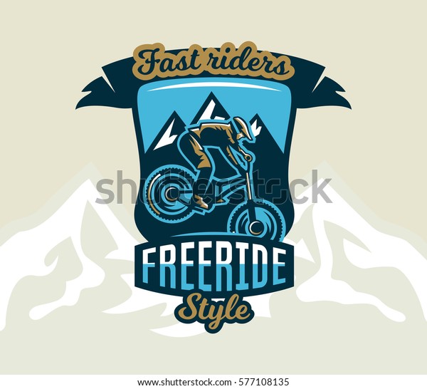 Colorful logo,\
emblem, label, club riders perform tricks on a mountain bike on a\
background of mountains, isolated vector illustration. Club\
downhill, freeride. Print on\
T-shirts.