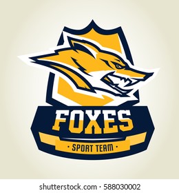 Colorful logo, emblem, mascot, a fox's head, a cunning and dangerous predator, the dweller forest. Vector illustration, dynamic and sporty style, printing on T-shirts 