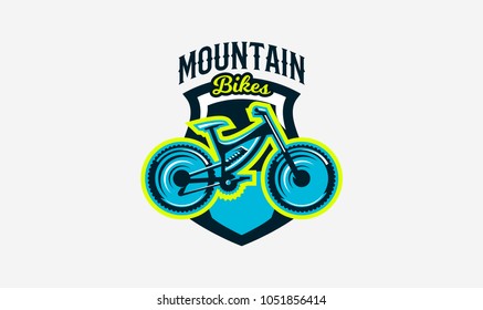 Colorful logo, emblem, mountain bike icon. Bicycle, transport, downhill, freeride, extreme, sports. T-shirt printing, vector illustration.