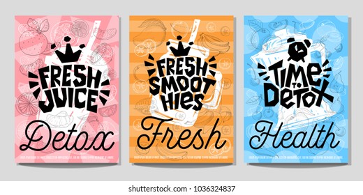 Colorful logo emblem sign Label poster print stickers food jar juice smoothie sketch style fresh healthy detox raw organic. Hand drawn vector illustration.