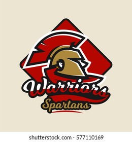 Colorful logo, emblem, Spartan helmet and cloak, ancient Greek warrior, a Roman soldier. Vector illustration
