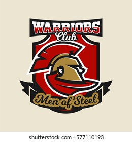 Colorful logo, emblem, Spartan helmet and cloak, ancient Greek warrior, a Roman soldier. Vector illustration