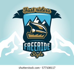 Colorful logo, emblem, sticker, extreme cyclist helmet on a background of mountains, isolated vector illustration. Club downhill, freeride. Print on T-shirts.