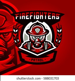 Colorful logo, emblem, a sticker, a firefighter in uniform, profession, dangerous work, a gas mask and helmet. Vector illustration 