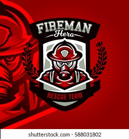 Colorful logo, emblem, a sticker, a firefighter in uniform, profession, dangerous work, a gas mask and helmet. Vector illustration 