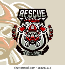Colorful logo, emblem, sticker, fireman and dangerous job. Lethal task, a dangerous profession, skull, skeleton, axes on the cross, rescue squad, uniforms. Vector illustration 