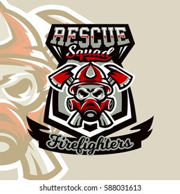 Colorful logo, emblem, sticker, fireman and dangerous job. Lethal task, a dangerous profession, skull, skeleton, axes on the cross, rescue squad, uniforms. Vector illustration 