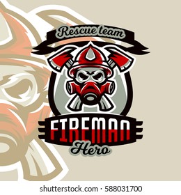 Colorful logo, emblem, sticker, fireman and dangerous job. Lethal task, a dangerous profession, skull, skeleton, axes on the cross, rescue squad, uniforms. Vector illustration 