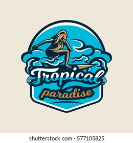 Colorful logo, emblem, sticker, surfer girl is drifting on the waves, vector illustration. T-shirt printing
