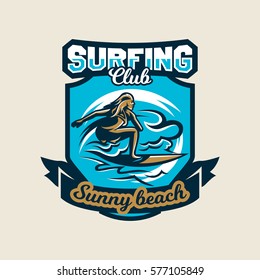 Colorful logo, emblem, sticker, surfer girl is drifting on the waves, vector illustration. T-shirt printing