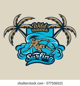 Colorful logo, emblem, sticker, surfer drifting on the waves. Beach, waves, palm trees, tropical island. Extreme sport. Badges shield. Vector illustration.