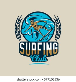 Colorful logo, emblem, sticker, surfer drifting on the waves. Beach, waves, palm trees, tropical island. Extreme sport. Badges shield. Vector illustration.