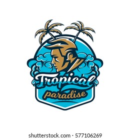 Colorful logo, emblem surfer on a background of waves, prints on T-shirts, vector illustration.