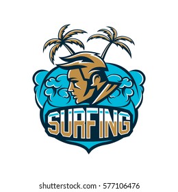 Colorful logo, emblem surfer on a background of waves, prints on T-shirts, vector illustration.