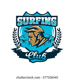 Colorful logo, emblem surfer on a background of waves, prints on T-shirts, vector illustration.