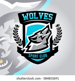 Colorful logo, emblem, a wolf howling at the moon, a dangerous predator of the forest. Vector illustration, dynamic and sport style, printing on T-shirts 