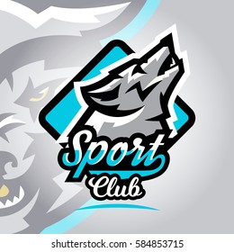 Colorful logo, emblem, a wolf howling at the moon, a dangerous predator of the forest. Vector illustration, dynamic and sport style, printing on T-shirts 