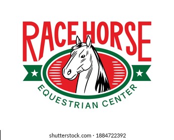 Colorful logo for an equestrian center, formed by the symbol of a head of a horse and a typography that says: Race Horse. The design includes vector elements like stars, ribbons and elliptical shapes.