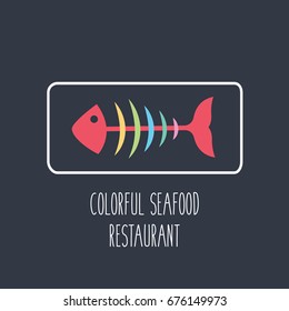 colorful logo fish menu restaurant symbol with bones isolated vector cartoon & text. concept creative seafood icon flat design style on a dark blue background