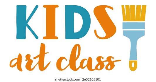 Colorful logo highlighting kids art class with the words kids and art class, featuring a paintbrush to inspire creativity and promote learning among young children