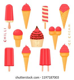 Colorful logo icon illustration for natural chilli ice cream in different forms. Chilli pattern consisting of sweet cold ice cream, tasty frozen dessert. Fresh taste fruit ice cream of chilli.