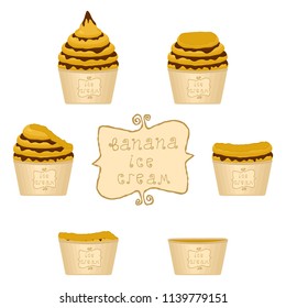 Colorful logo icon for natural banana ice cream sorbet in different forms. Banana pattern consisting of sweet cold ice cream sorbet, tasty frozen dessert. Fresh taste fruit ice cream sorbet of banana.