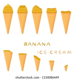 Colorful logo icon for natural banana ice cream sorbet in different forms. Banana pattern consisting of sweet cold ice cream sorbet, tasty frozen dessert. Fresh taste fruit ice cream sorbet of banana.