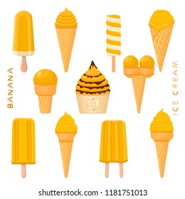 Colorful logo icon for natural banana ice cream sorbet in different forms. Banana pattern consisting of sweet cold ice cream sorbet, tasty frozen dessert. Fresh taste fruit ice cream sorbet of banana.