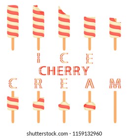 Colorful logo icon for natural cherry ice cream sorbet in different forms. Cherry pattern consisting of sweet cold ice cream sorbet, tasty frozen dessert. Fresh taste fruit ice cream sorbet of cherry.