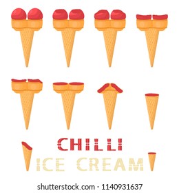 Colorful logo icon for natural chilli ice cream sorbet in different forms. Chilli pattern consisting of sweet cold ice cream sorbet, tasty frozen dessert. Fresh taste fruit ice cream sorbet of chilli.