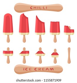 Colorful logo icon for natural chilli ice cream sorbet in different forms. Chilli pattern consisting of sweet cold ice cream sorbet, tasty frozen dessert. Fresh taste fruit ice cream sorbet of chilli.