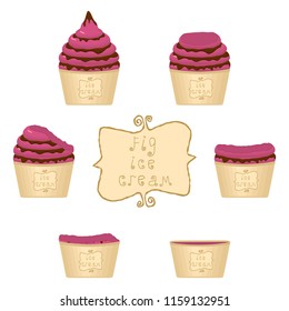 Colorful logo icon for natural fig ice cream sorbet in different forms. Fig pattern consisting of sweet cold ice cream sorbet, tasty frozen dessert. Fresh taste fruit ice cream sorbet of pink fig.
